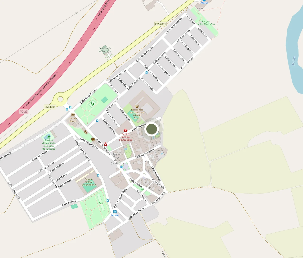 Mapa de situación de Rincón de Azucaica, en la Calle Norte 10 de Azucaica (Toledo). La promoción queda señalada en el núcleo urbano, junto a la carretera CM-4001 y a poca distancia del río Tajo.